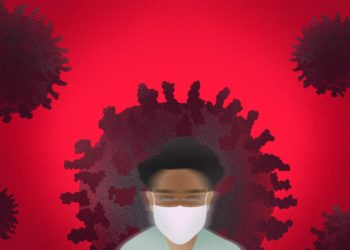 Drawing Of Man Wearing Face Mask With Virus Images Behind Him