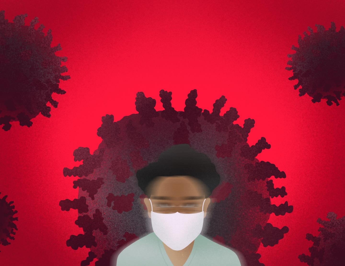 drawing of man wearing face mask with virus images behind him